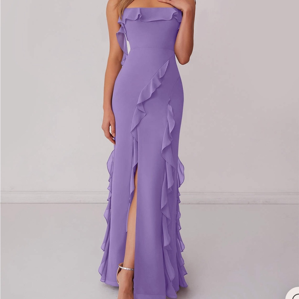 Azazie purple dress chiffon ruffle column dress with leg slit.